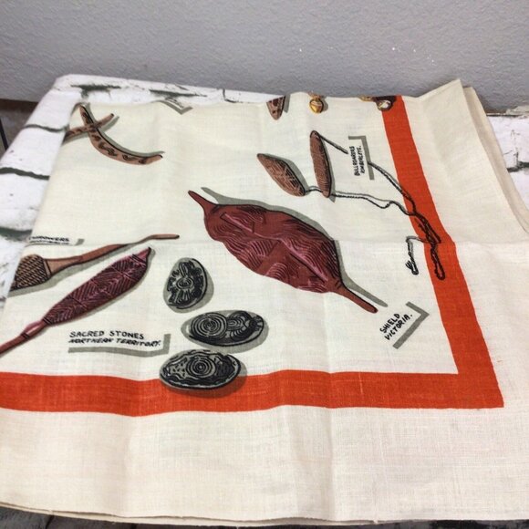 Vintage Aboriginal Motif Linen Handkerchief Wallhanging by Heil Australia 35” Sq - Picture 2 of 7